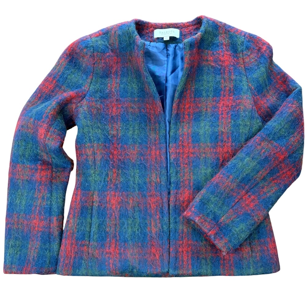 Talbots Wool Blend Plaid Jacket Women 2P Petite Red Blue Green Open Front Blazer